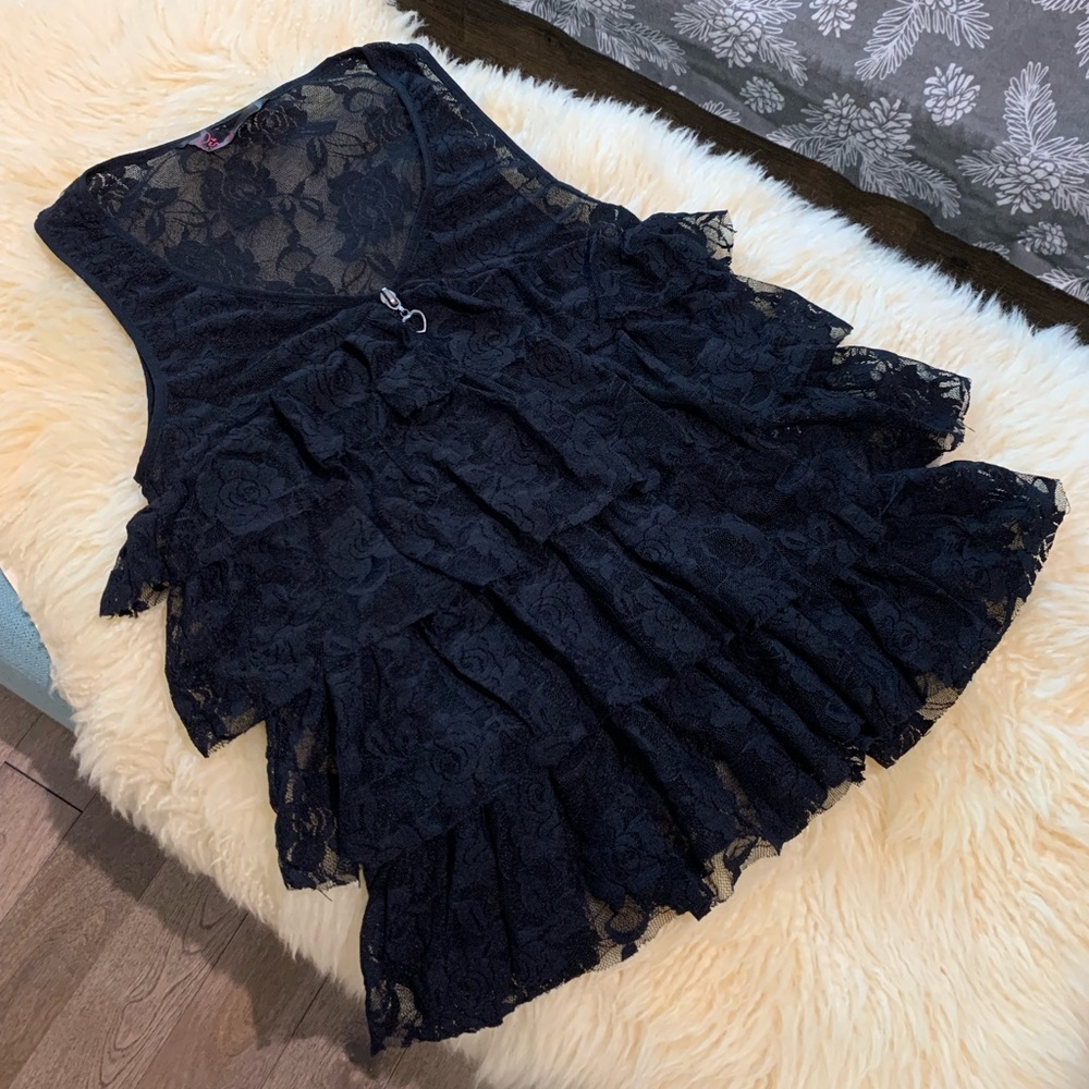 Black Lace Zip Up Vest with Ruffles